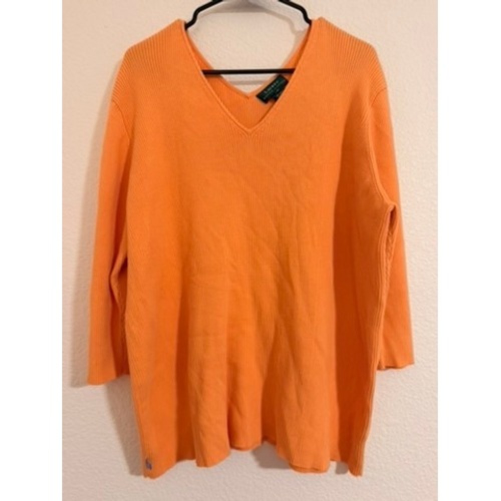 Vintage Lauren Ralph Lauren Orange Ribbed VNeck Cotton Sweater 3X Preppy Classic